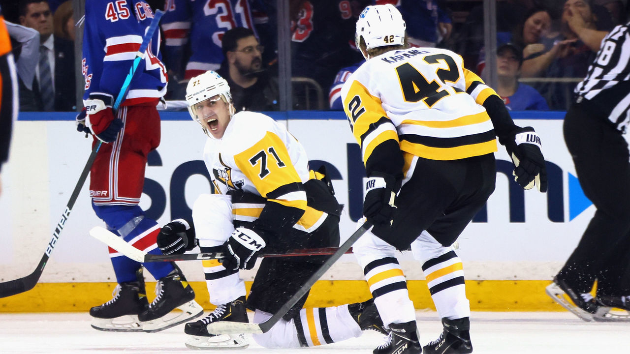 NEW YORK, NEW YORK - MAY 03: Evgeni Malkin #71 of the Pittsburgh Penguins celebrates his game winning goal against the New York Rangers in the third overtime in Game One of the First Round of the 2022 Stanley Cup Playoffs at Madison Square Garden on May 03, 2022 in New York City.