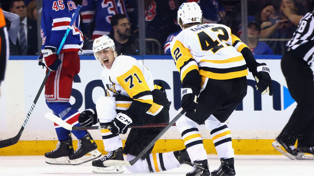 NEW YORK, NEW YORK - MAY 03: Evgeni Malkin #71 of the Pittsburgh Penguins celebrates his game winning goal against the New York Rangers in the third overtime in Game One of the First Round of the 2022 Stanley Cup Playoffs at Madison Square Garden on May 03, 2022 in New York City.