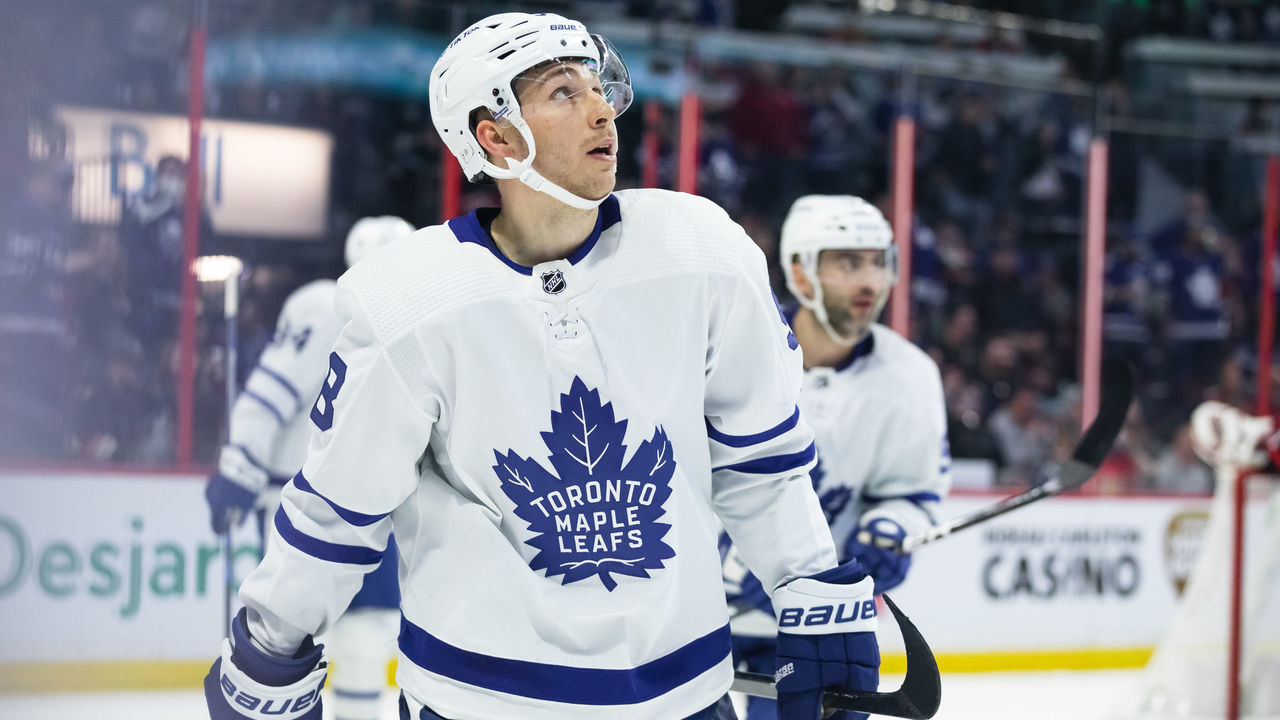 OTTAWA, ON - APRIL 16: Toronto Maple Leafs Left Wing Michael Bunting (58) after celebrating a goal during second period National Hockey League action between the Toronto Maple Leafs and Ottawa Senators on April 16, 2022, at Canadian Tire Centre in Ottawa, ON, Canada.