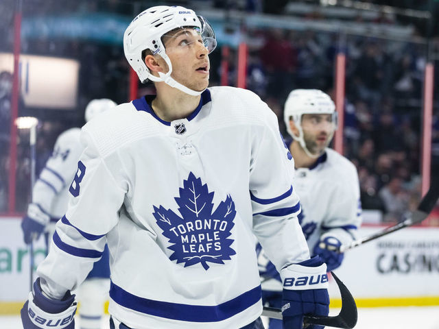 OTTAWA, ON - APRIL 16: Toronto Maple Leafs Left Wing Michael Bunting (58) after celebrating a goal during second period National Hockey League action between the Toronto Maple Leafs and Ottawa Senators on April 16, 2022, at Canadian Tire Centre in Ottawa, ON, Canada.