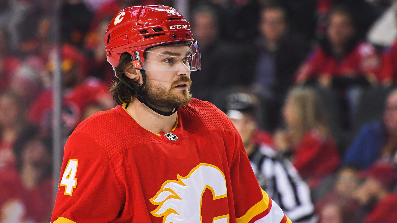 CALGARY, AB - APRIL 12: Rasmus Andersson #4 of the Calgary Flames in action against the Seattle Kraken during an NHL game at Scotiabank Saddledome on April 12, 2022 in Calgary, Alberta, Canada.