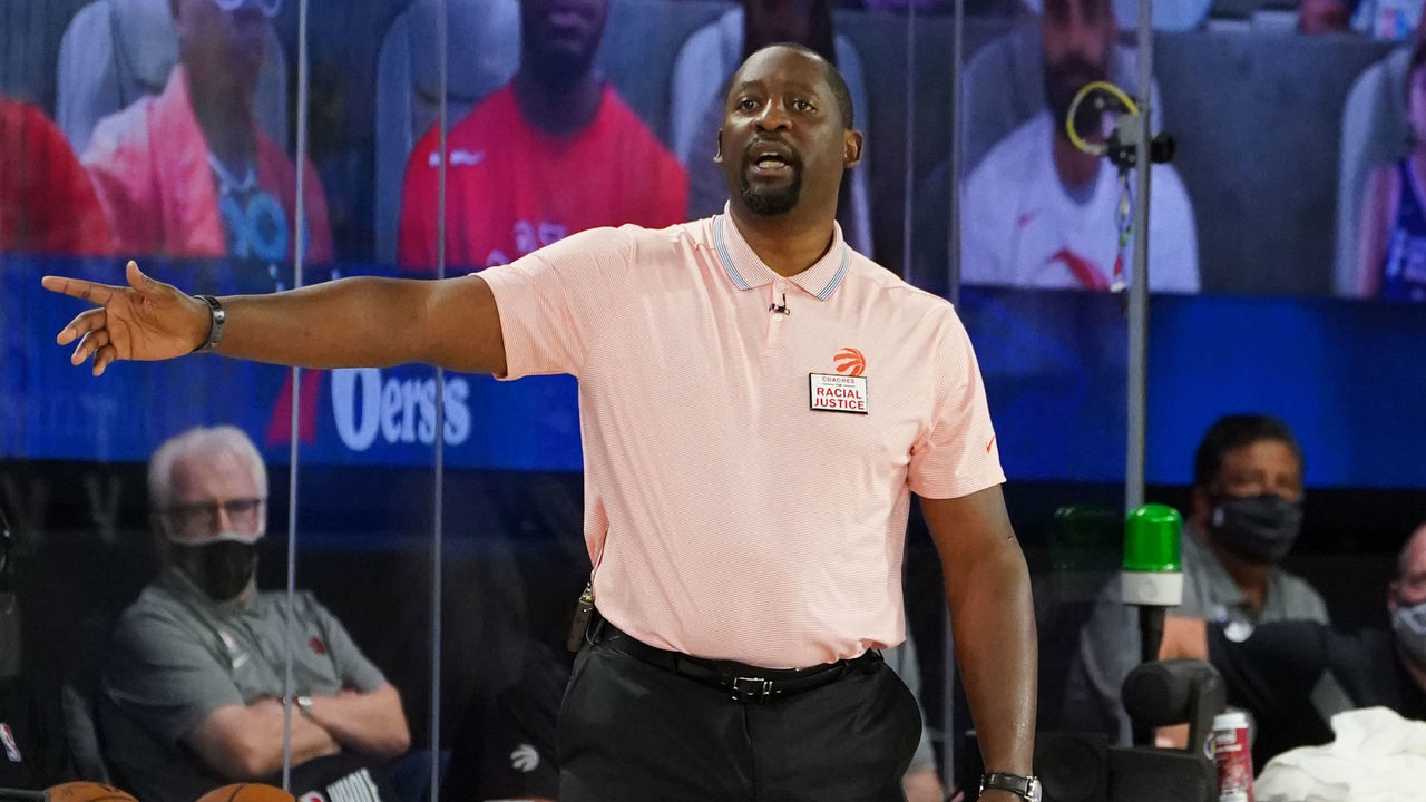Orlando, FL - AUGUST 12: Assistant Coach, Adrian Griffin, of the Toronto Raptors coaches during a game against the Philadelphia 76ers on August 12, 2020 at The Field House at ESPN Wide World of Sports in Orlando, Florida. NOTE TO USER: User expressly acknowledges and agrees that, by downloading and/or using this Photograph, user is consenting to the terms and conditions of the Getty Images License Agreement. Mandatory Copyright Notice: Copyright 2020 NBAE