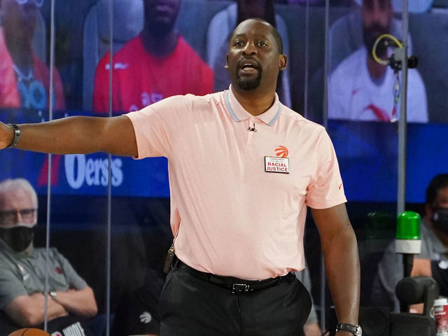 Orlando, FL - AUGUST 12: Assistant Coach, Adrian Griffin, of the Toronto Raptors coaches during a game against the Philadelphia 76ers on August 12, 2020 at The Field House at ESPN Wide World of Sports in Orlando, Florida. NOTE TO USER: User expressly acknowledges and agrees that, by downloading and/or using this Photograph, user is consenting to the terms and conditions of the Getty Images License Agreement. Mandatory Copyright Notice: Copyright 2020 NBAE