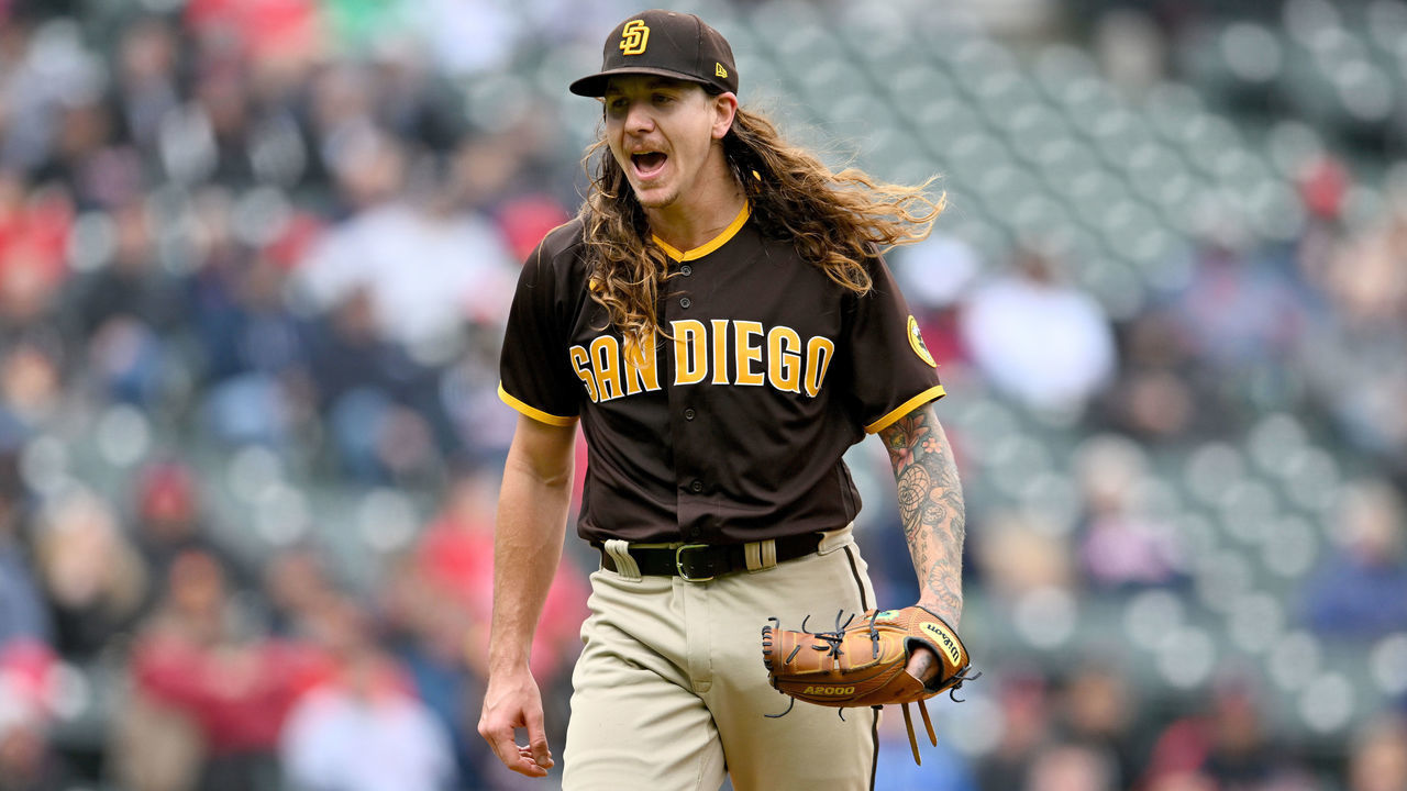 CLEVELAND, OHIO - MAY 04: Starting pitcher Mike Clevinger #52 of the San Diego Padres celebrates after striking out Owen Miller #6 of the Cleveland Guardians to end the third inning of game one of a doubleheader at Progressive Field on May 04, 2022 in Cleveland, Ohio.