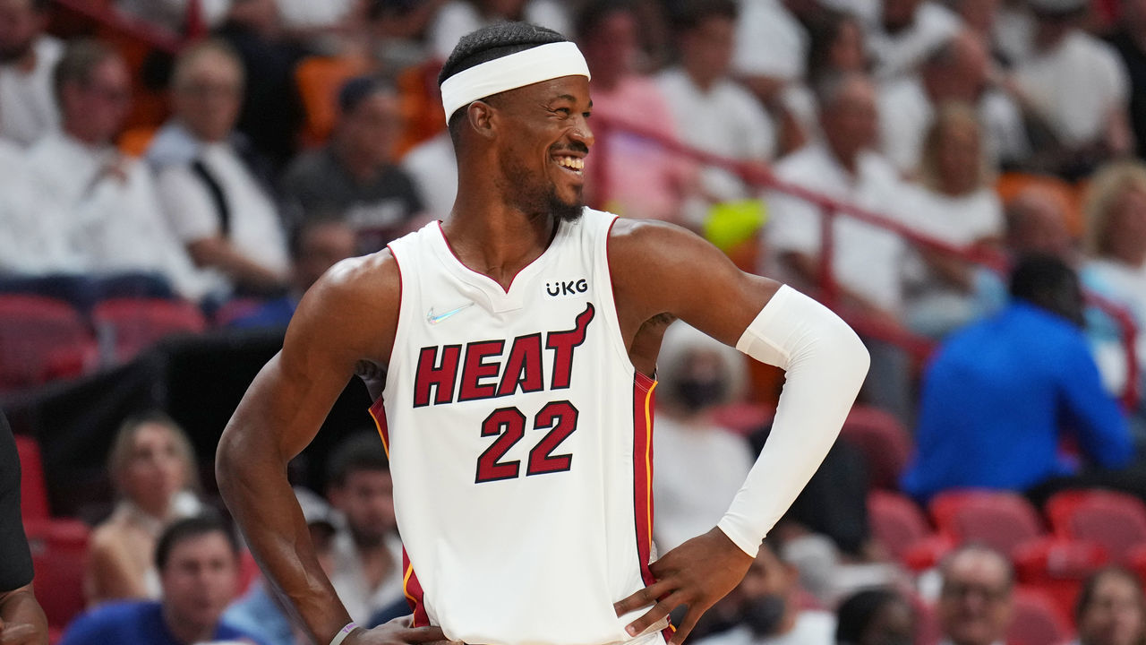 MIAMI, FL - MAY 4: Jimmy Butler #22 of the Miami Heat smiles during Game 2 of the 2022 NBA Playoffs Eastern Conference Semifinals on May 4, 2022 at The FTX Arena in Miami, Florida. NOTE TO USER: User expressly acknowledges and agrees that, by downloading and/or using this Photograph, user is consenting to the terms and conditions of the Getty Images License Agreement. Mandatory Copyright Notice: Copyright 2022 NBAE