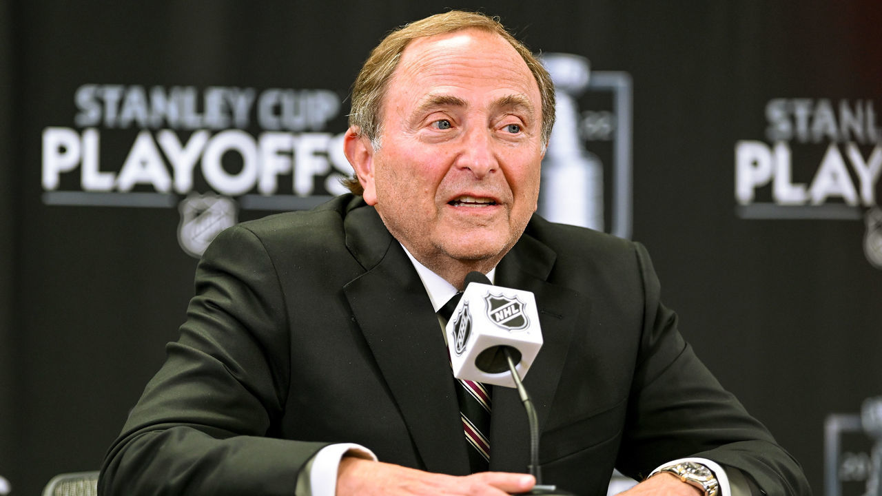 CALGARY, AB - MAY 03: NHL commissioner Gary Bettman speaks to media between the first and second period of game 1 of the first round of the NHL Stanley Cup Playoffs between the Calgary Flames and the Dallas Stars on May 3, 2022, at the Scotiabank Saddledome in Calgary, AB.
