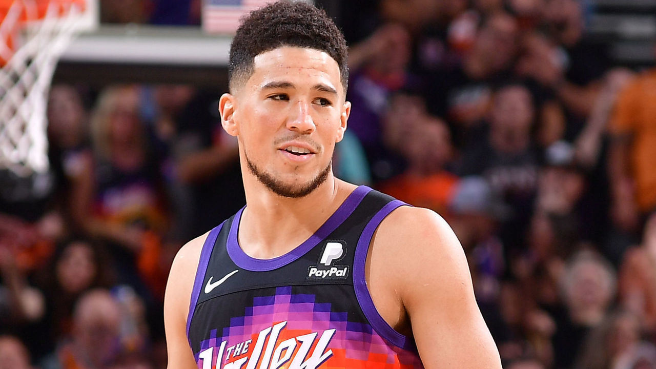 PHOENIX, AZ - MAY 4: Devin Booker #1 of the Phoenix Suns smiles during Game 2 of the 2022 NBA Playoffs Western Conference Semifinals against the Dallas Mavericks on May 4, 2022 at Footprint Center in Phoenix, Arizona. Mandatory Copyright Notice: Copyright 2022 NBAE