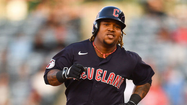 ANAHEIM, CA - APRIL 27: Cleveland Guardians third baseman Jose Ramirez (11) circles the bases after his two run home run in the first inning of the MLB game between the Cleveland Guardians and the Los Angeles Angels of Anaheim on April 27, 2022 at Angel Stadium of Anaheim in Anaheim, CA.