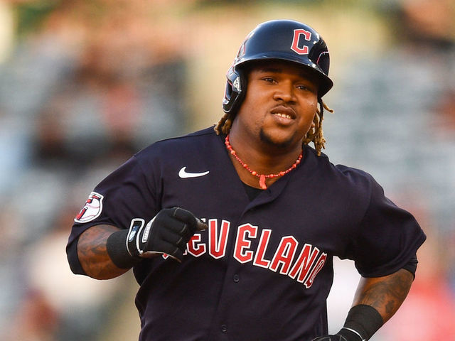 ANAHEIM, CA - APRIL 27: Cleveland Guardians third baseman Jose Ramirez (11) circles the bases after his two run home run in the first inning of the MLB game between the Cleveland Guardians and the Los Angeles Angels of Anaheim on April 27, 2022 at Angel Stadium of Anaheim in Anaheim, CA.