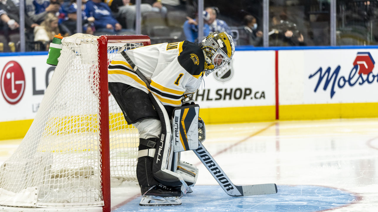 TORONTO, ON - APRIL 29: Jeremy Swayman #1 of the Boston Bruins looks on against the Toronto Maple Leafsduring the second period at the Scotiabank Arena on April 29, 2022 in Toronto, Ontario, Canada.