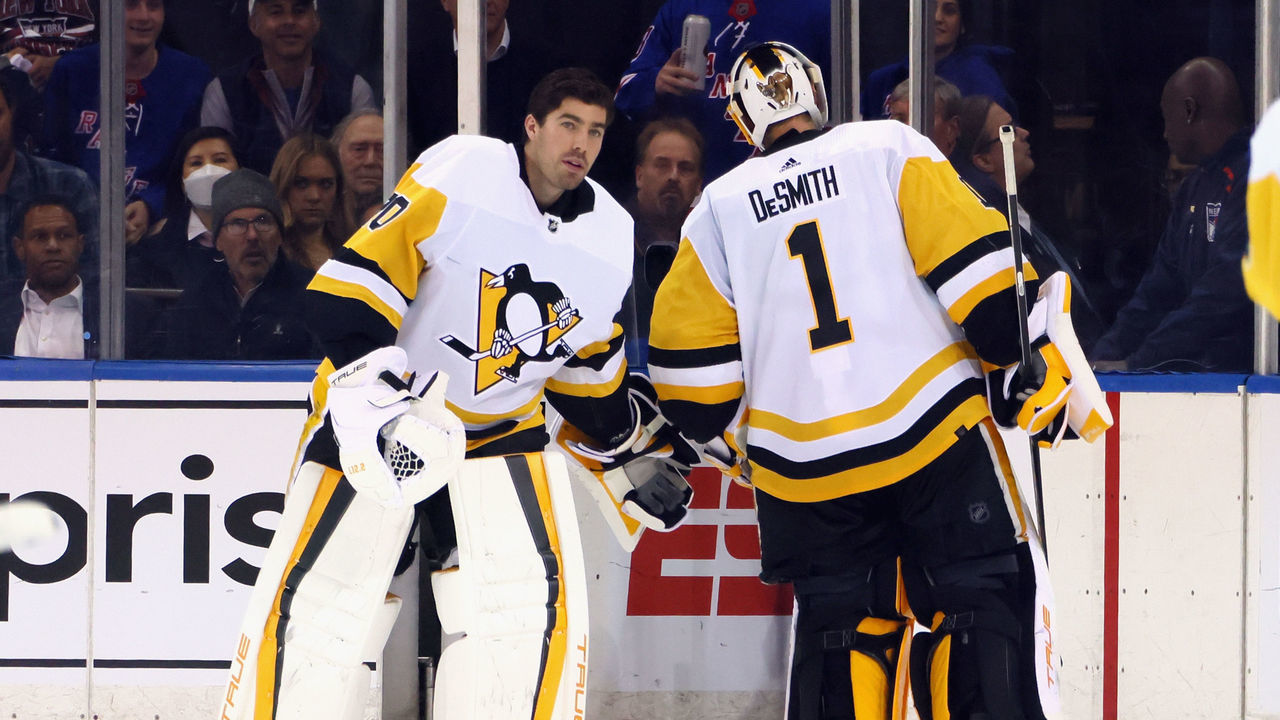NEW YORK, NEW YORK - MAY 03: Louis Domingue #70 of the Pittsburgh Penguins comes in during the second overtime period to take over goaltending duties from Casey DeSmith #1 against the New York Rangers in Game One of the First Round of the 2022 Stanley Cup Playoffs at Madison Square Garden on May 03, 2022 in New York City.