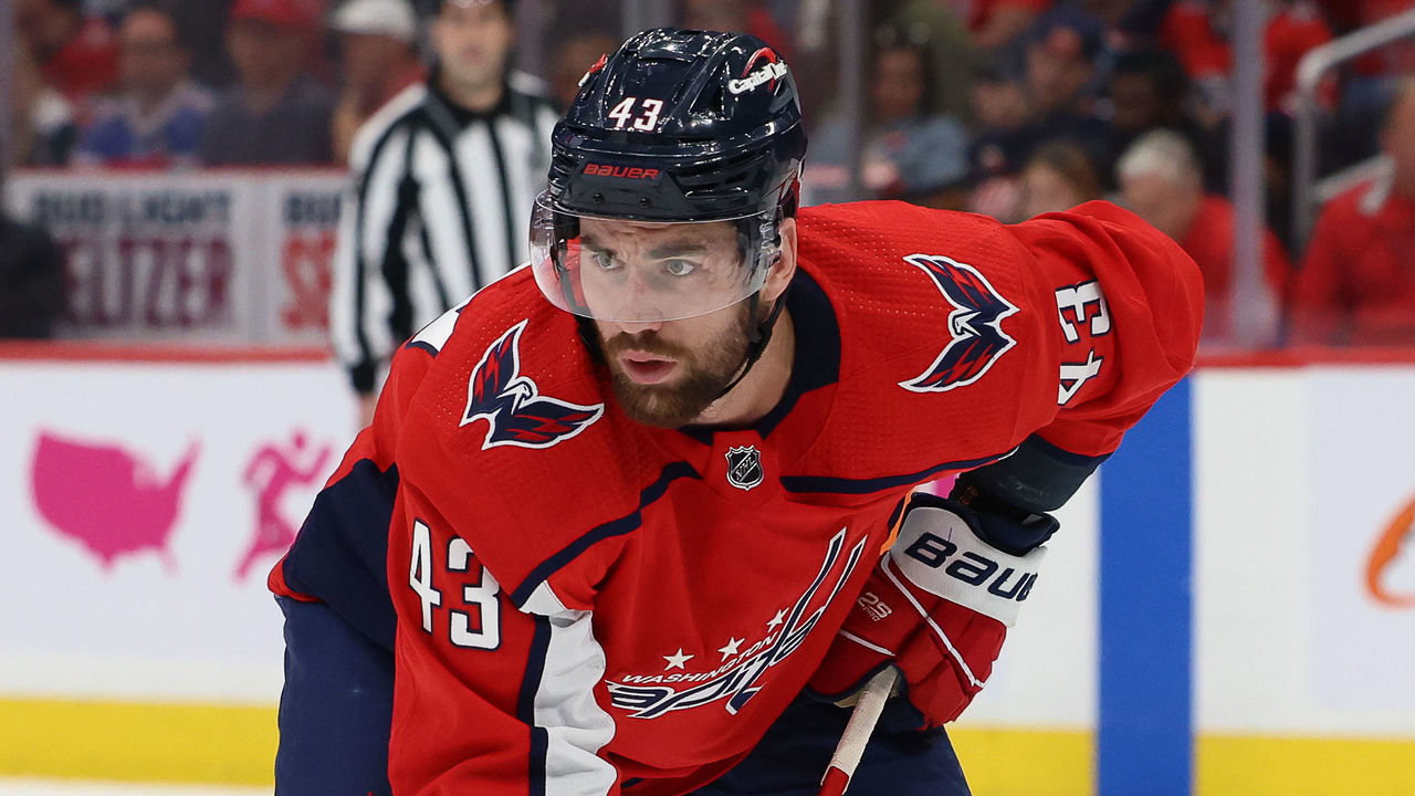 WASHINGTON, DC - APRIL 24: Tom Wilson #43 of the Washington Capitals get set for a face-off during a game against the Toronto Maple Leafs at Capital One Arena on April 24, 2022 in Washington, D.C.