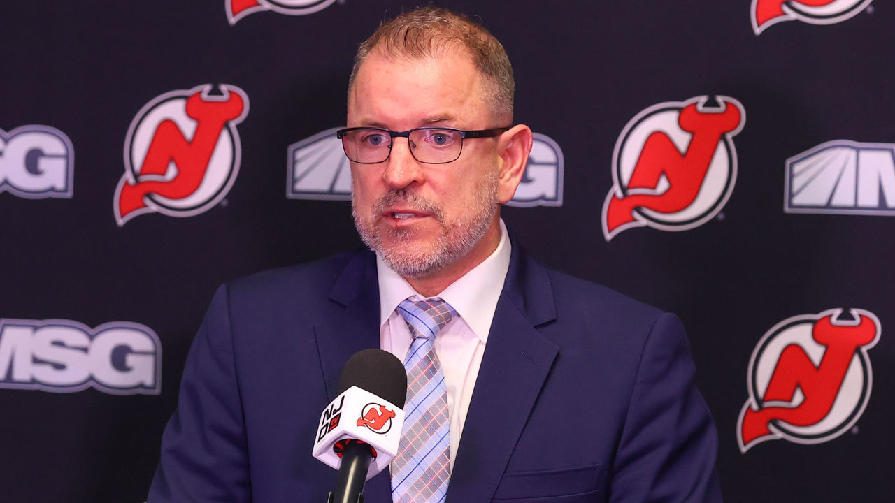 NEWARK, NJ - NOVEMBER 30: New Jersey Devils general manager Tom Fitzgerald announces an 8 million dollar a year contract extension for New Jersey Devils center Jack Hughes (86) prior to the National Hockey Legue game between New Jersey Devils nd the San Jose Sharks on November 30, 2021 at the Prudential Center in Newark, NJ.