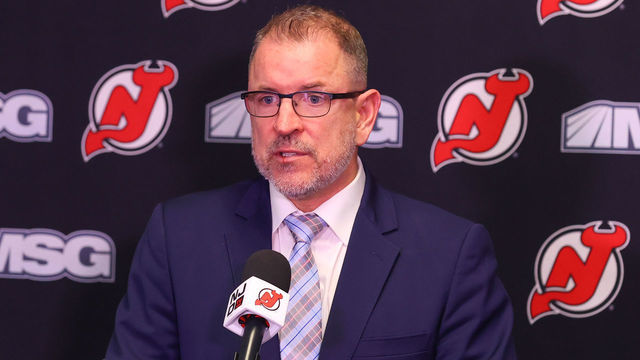 NEWARK, NJ - NOVEMBER 30: New Jersey Devils general manager Tom Fitzgerald announces an 8 million dollar a year contract extension for New Jersey Devils center Jack Hughes (86) prior to the National Hockey Legue game between New Jersey Devils nd the San Jose Sharks on November 30, 2021 at the Prudential Center in Newark, NJ.