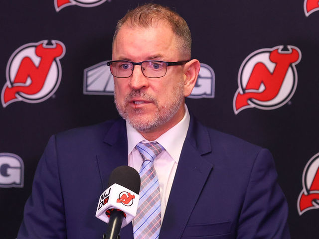 NEWARK, NJ - NOVEMBER 30: New Jersey Devils general manager Tom Fitzgerald announces an 8 million dollar a year contract extension for New Jersey Devils center Jack Hughes (86) prior to the National Hockey Legue game between New Jersey Devils nd the San Jose Sharks on November 30, 2021 at the Prudential Center in Newark, NJ.