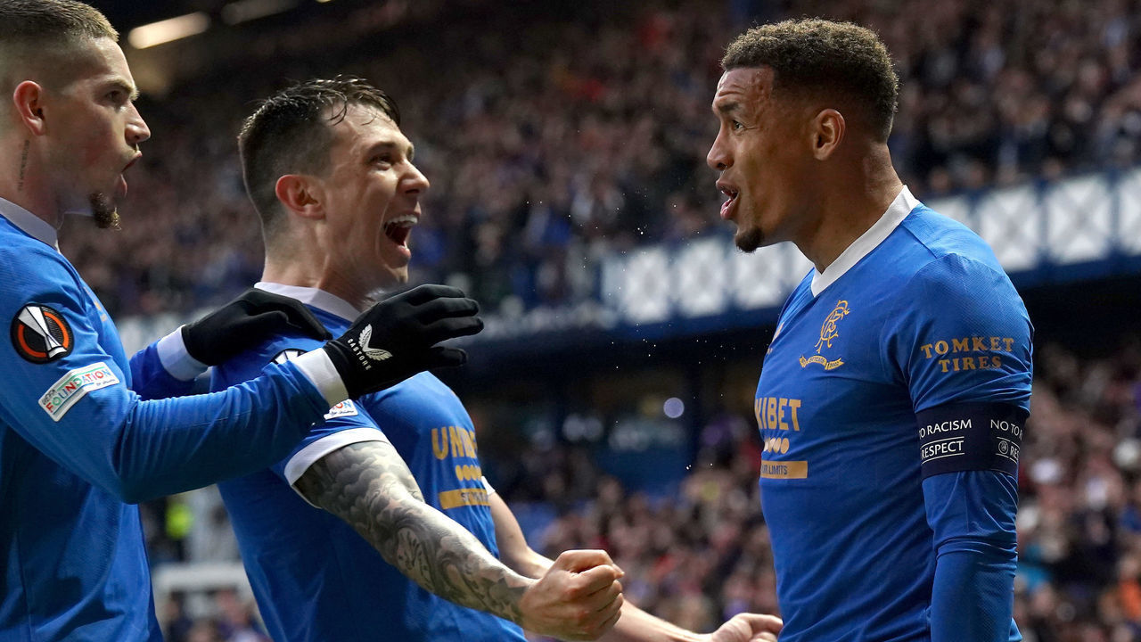 Rangers' James Tavernier (right) celebrates scoring their side's first goal of the game with team-mates during the UEFA Europa League semi-final, second leg match at Ibrox Stadium, Glasgow. Picture date: Thursday May 5, 2022.