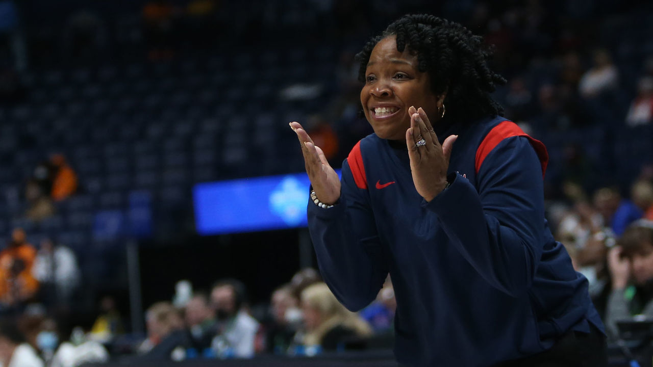 NASHVILLE, TN - MARCH 04: Ole Miss Rebels head coach Yolett McPhee-McCuin looks at the officials in disbelief after a foul call during a third round game of the SEC Womens Basketball Tournament between the against the Ole Miss Rebels and against the Florida Gators, March 4, 2022, at Bridgestone Arena in Nashville, Tennessee.