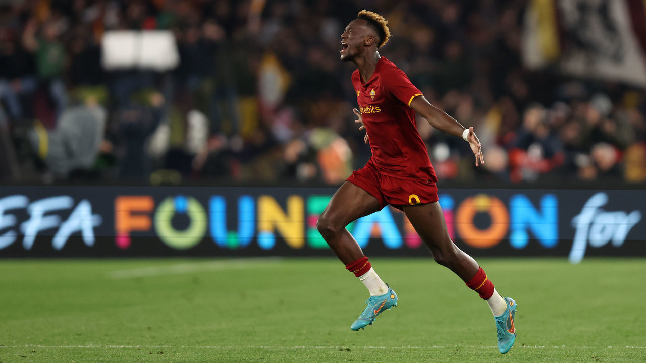 ROME, ITALY - MAY 05: Tammy Abraham of AS Roma celebrates their sides victory after the UEFA Conference League Semi Final Leg Two match between AS Roma and Leicester City at Stadio Olimpico on May 05, 2022 in Rome, Italy.
