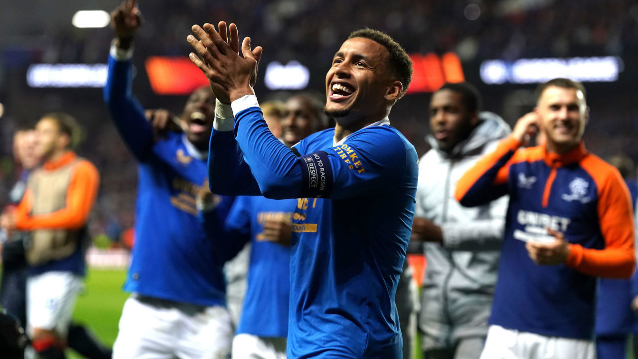 Rangers' James Tavernier celebrates victory with team-mates after the final whistle in the UEFA Europa League semi-final, second leg match at Ibrox Stadium, Glasgow. Picture date: Thursday May 5, 2022.