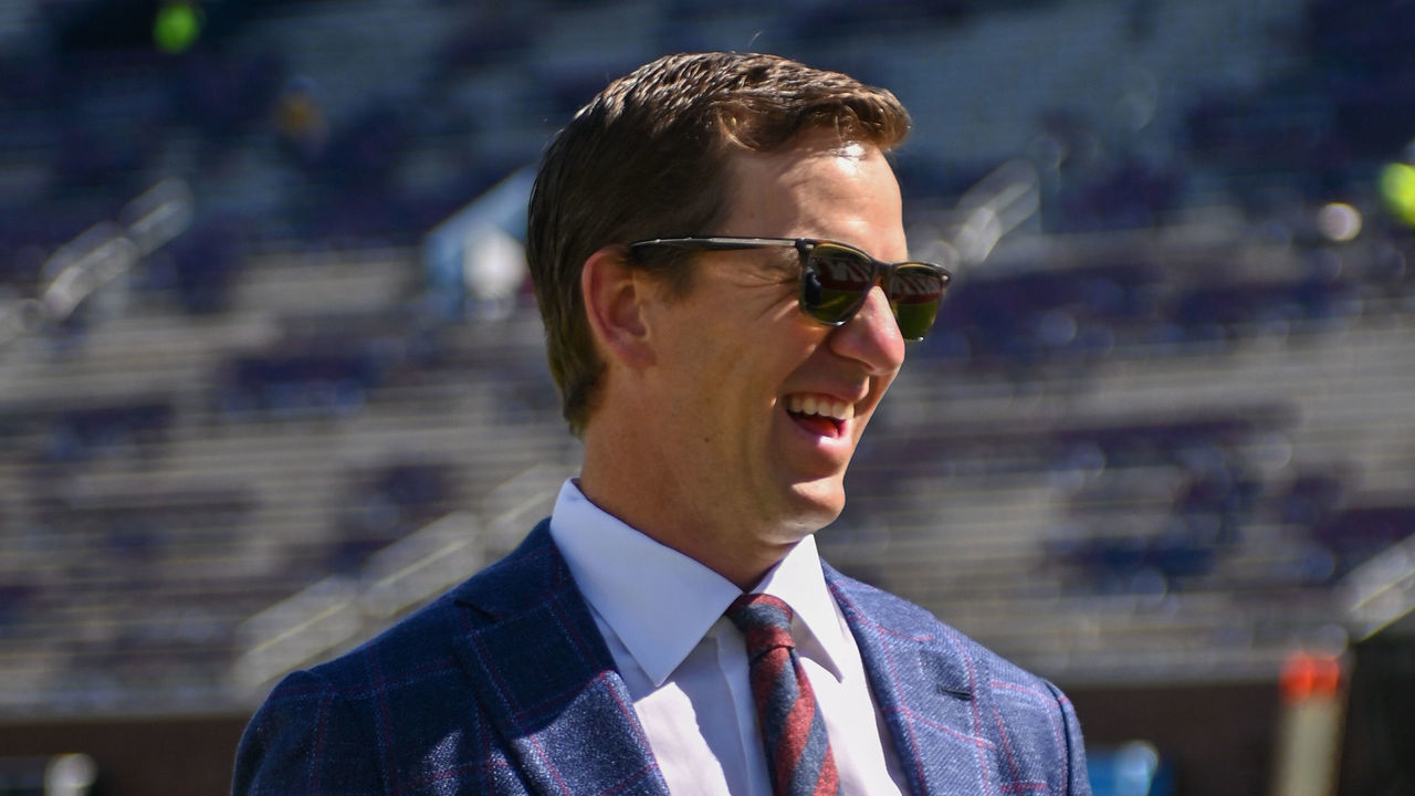 OXFORD, MS - OCTOBER 23: Former Ole' Miss and New York Giants quarterback, Eli Manning, before the college football game between the LSU Tigers and the Ole Miss Rebels on October 23, 2021, at Vaught-Hemingway Stadium in Oxford, MS.