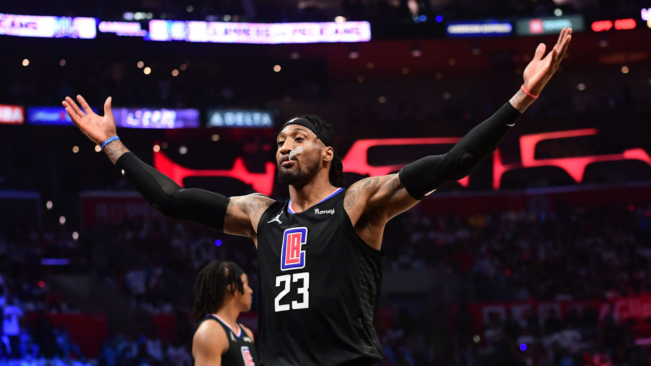 LOS ANGELES, CA - APRIL 15: Robert Covington #23 of the LA Clippers celebrates against the New Orleans Pelicans during the 2022 play-in tournament on April 15, 2022 at Crypto.Com Arena in Los Angeles, California. NOTE TO USER: User expressly acknowledges and agrees that, by downloading and/or using this Photograph, user is consenting to the terms and conditions of the Getty Images License Agreement. Mandatory Copyright Notice: Copyright 2022 NBAE