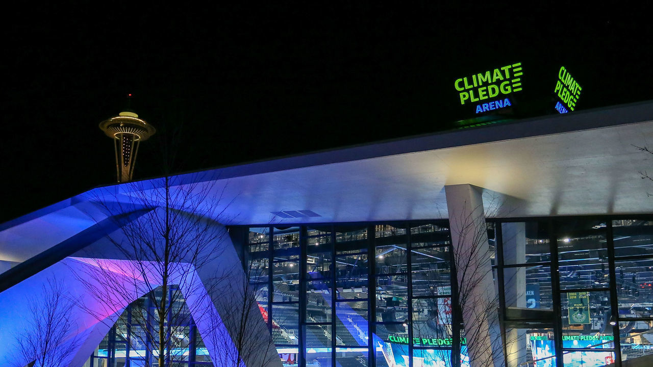 SEATTLE, WA - OCTOBER 31: A general shot of the outside of the Climate Pledge Arena and the Space Needle after an NHL game between the New York Rangers and the Seattle Kraken on October 31, 2021 at Climate Pledge Arena in Seattle, WA.