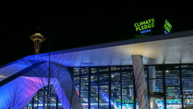 SEATTLE, WA - OCTOBER 31: A general shot of the outside of the Climate Pledge Arena and the Space Needle after an NHL game between the New York Rangers and the Seattle Kraken on October 31, 2021 at Climate Pledge Arena in Seattle, WA.