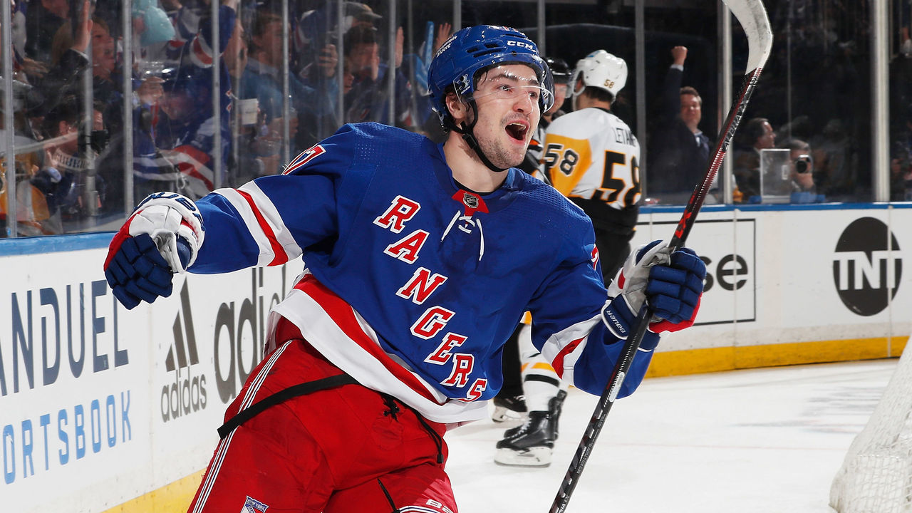 NEW YORK, NEW YORK - MAY 05: Frank Vatrano #77 of the New York Rangers celebrates his third period goal against the Pittsburgh Penguins in Game Two of the First Round of the 2022 Stanley Cup Playoffs at Madison Square Garden on May 05, 2022 in New York City.