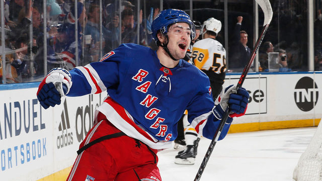 NEW YORK, NEW YORK - MAY 05: Frank Vatrano #77 of the New York Rangers celebrates his third period goal against the Pittsburgh Penguins in Game Two of the First Round of the 2022 Stanley Cup Playoffs at Madison Square Garden on May 05, 2022 in New York City.
