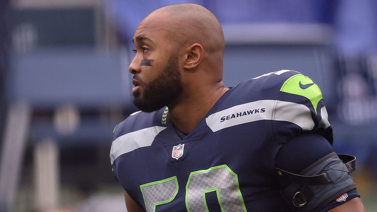 SEATTLE, WASHINGTON - DECEMBER 13: K.J. Wright #50 of the Seattle Seahawks looks on before their game against the New York Jets at CenturyLink Field on December 13, 2020 in Seattle, Washington.