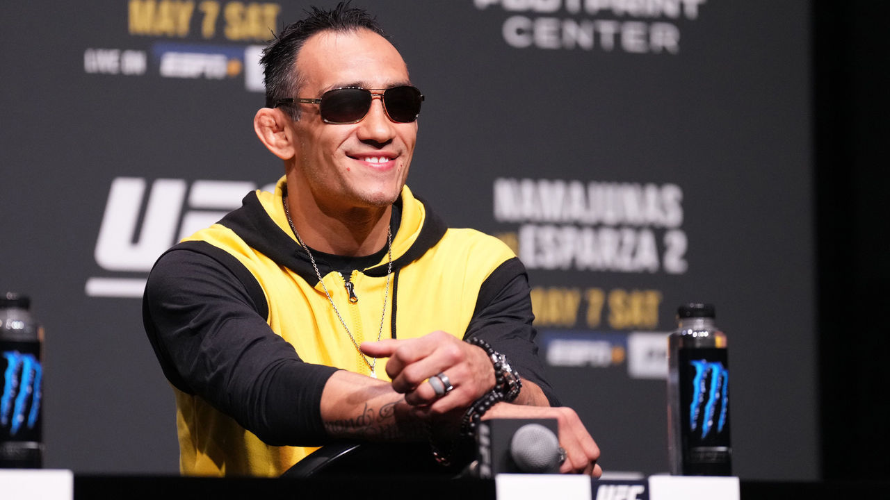 PHOENIX, ARIZONA - MAY 05: Tony Ferguson is seen on stage during the UFC 274 press conference at Arizona Federal Theatre on May 05, 2022 in Phoenix, Arizona.