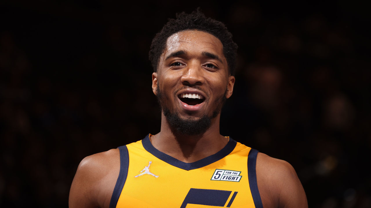 NEW YORK, NY - MARCH 20: Donovan Mitchell #45 of the Utah Jazz smiles during the game against the New York Knicks on March 20, 2022 at Madison Square Garden in New York City, New York. Mandatory Copyright Notice: Copyright 2022 NBAE