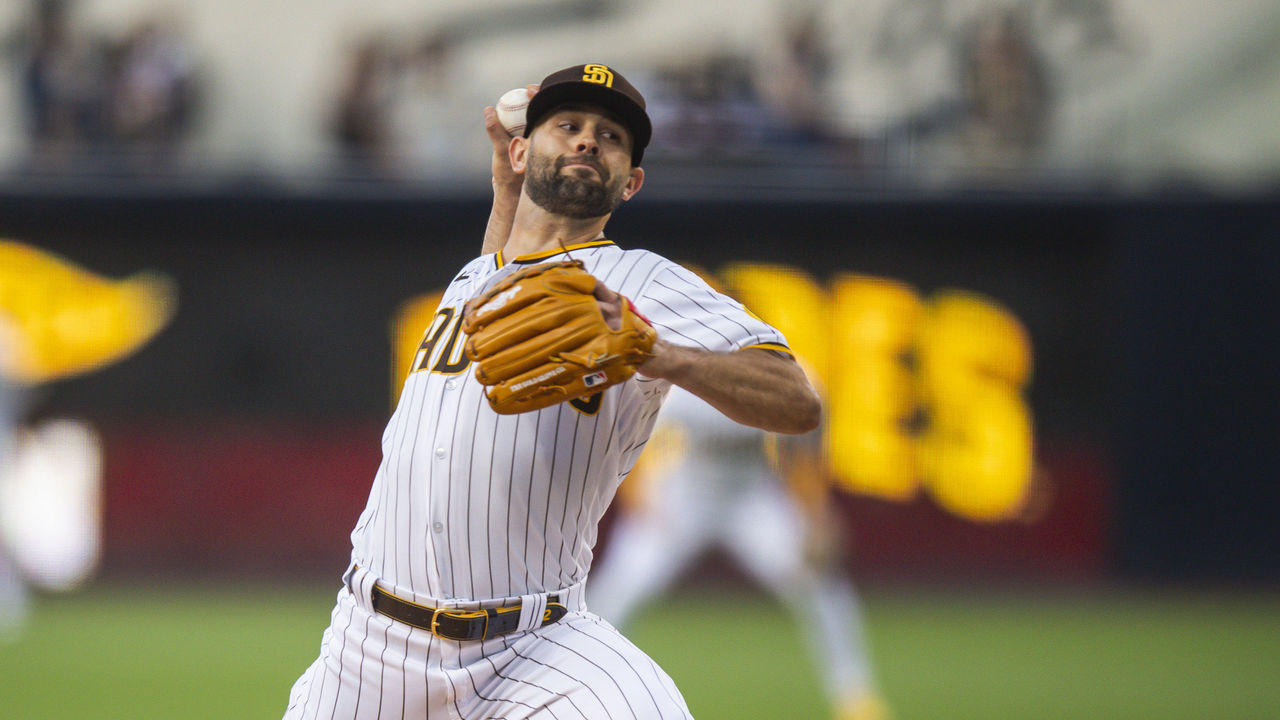 SAN DIEGO, CA - MAY 5: Nick Martinez #22 of the San Diego Padres pitches in the first inning against the Miami Marlins at Petco Park on May 5, 2022 in San Diego, California.