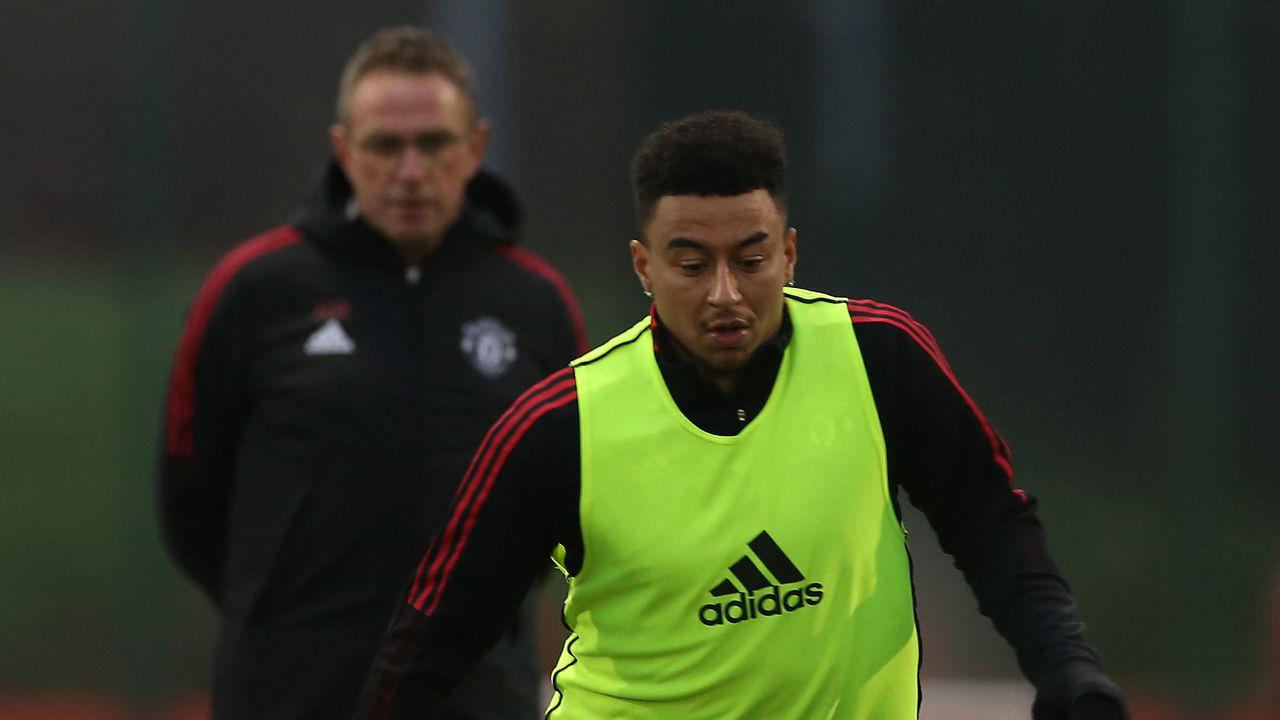 MANCHESTER, ENGLAND - DECEMBER 03: (EXCLUSIVE COVERAGE) Jesse Lingard of Manchester United in action during a first team training session on December 03, 2021 in Manchester, England.