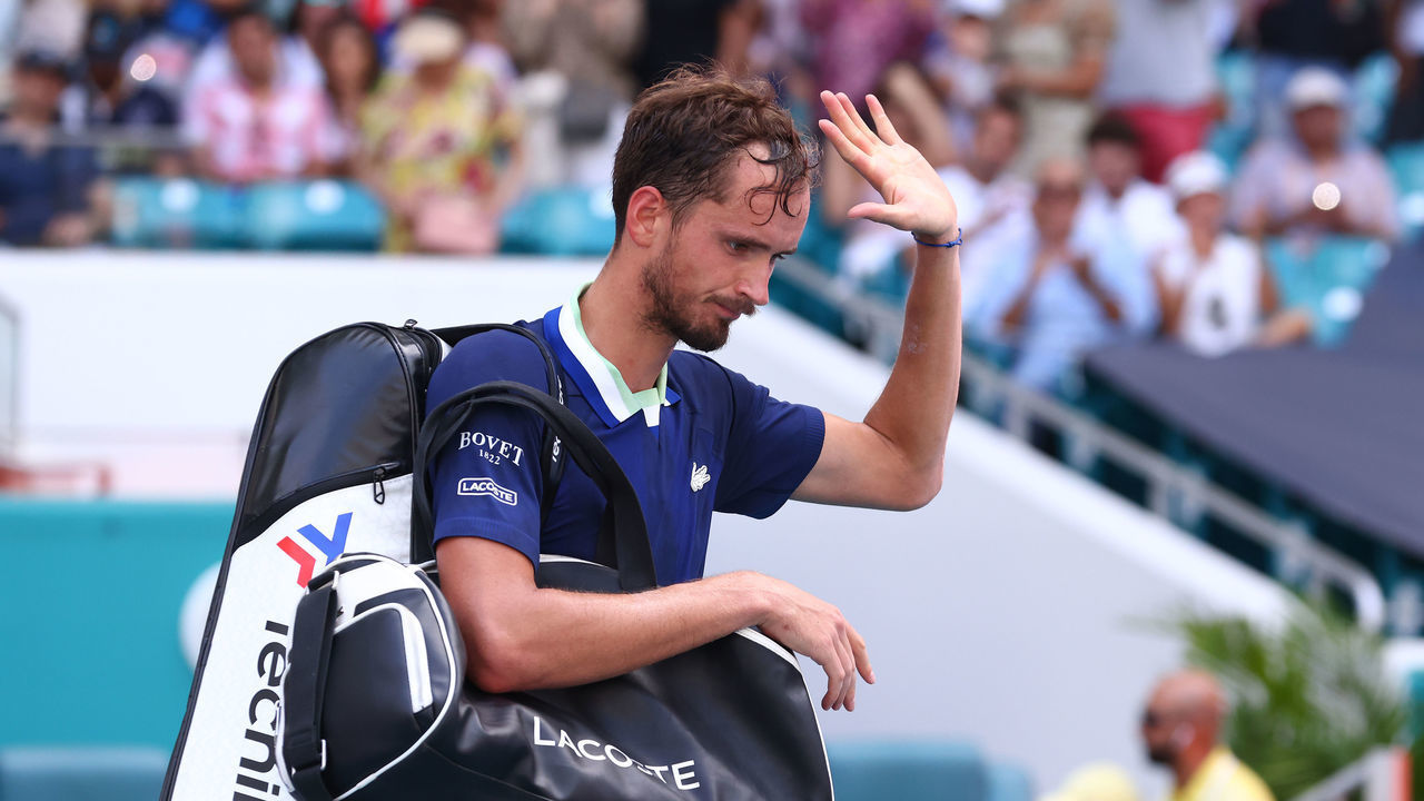 MIAMI GARDENS, FLORIDA - MARCH 31: Daniil Medvedev of Russia waves to the crowd as he leaves the court after losing to Hubert Hurkacz of Poland in their Men's quarterfinal match during the Miami Open at Hard Rock Stadium on March 31, 2022 in Miami Gardens, Florida.