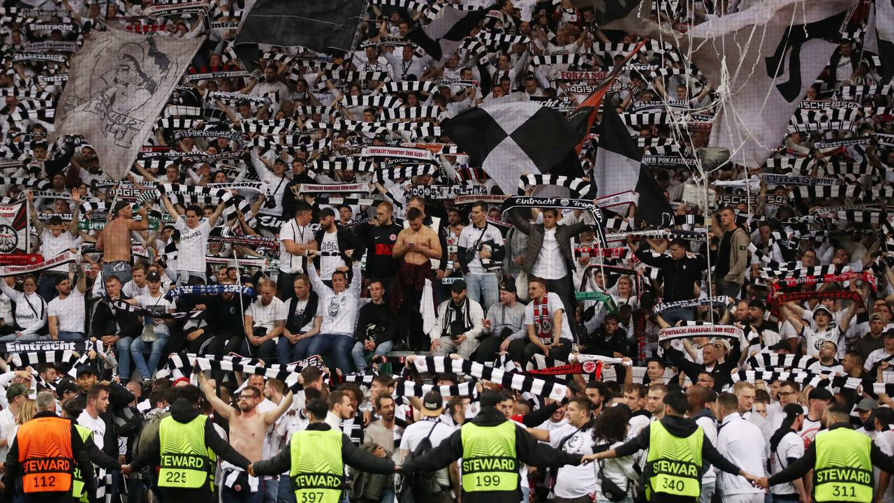 FRANKFURT AM MAIN, GERMANY - MAY 05: Eintracht Frankfurt fans celebrate following victory in the UEFA Europa League Semi Final Leg Two match between Eintracht Frankfurt and West Ham United at Deutsche Bank Park on May 05, 2022 in Frankfurt am Main, Germany.