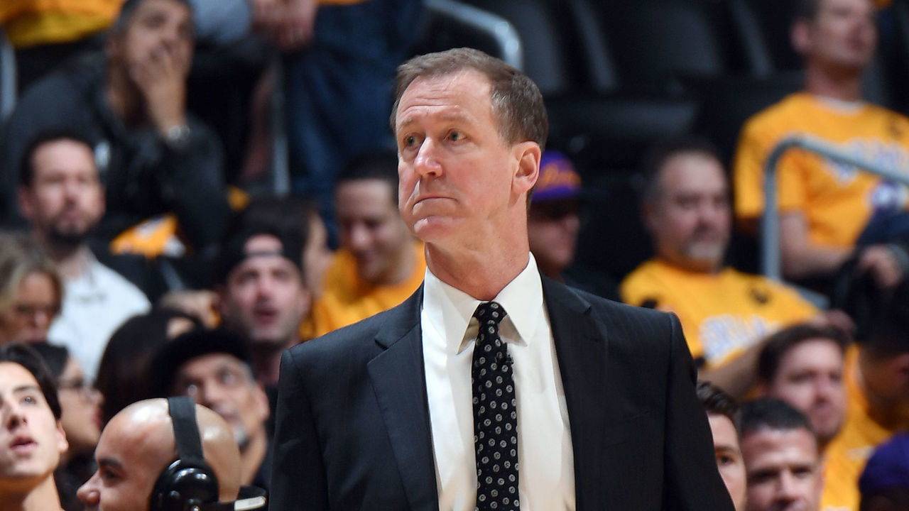 LOS ANGELES, CA - JANUARY 31: Terry Stotts of the Portland Trail Blazers looks on during the game against the Los Angeles Lakers on January 31, 2020 at STAPLES Center in Los Angeles, California. NOTE TO USER: User expressly acknowledges and agrees that, by downloading and/or using this Photograph, user is consenting to the terms and conditions of the Getty Images License Agreement. Mandatory Copyright Notice: Copyright 2020 NBAE