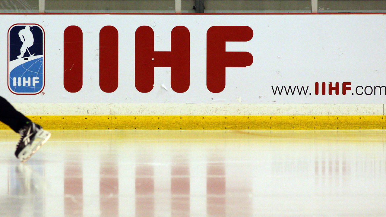The International Ice Hockey Federation (IIHF) logo reflected on the ice during the New Zealand V Bulgaria 2012 IIHF Ice Hockey World Championships Division 3 held at Dunedin Ice Stadium. Dunedin, Otago, New Zealand. 17th January 2012. Photo Tim Clayton
