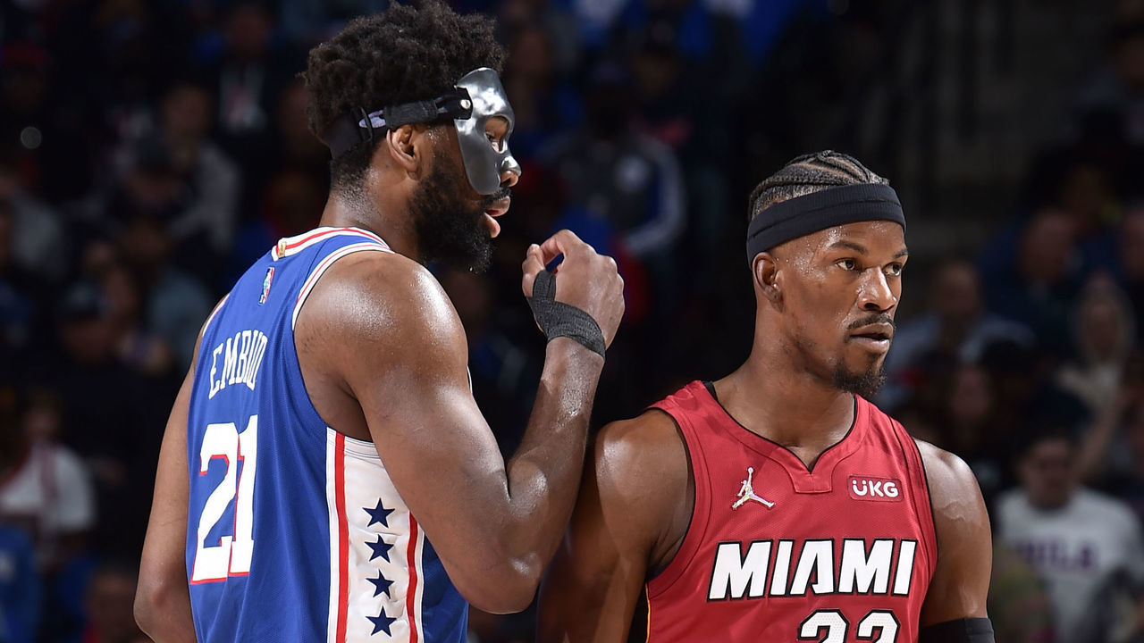 PHILADELPHIA, PA - MAY 6: Joel Embiid #21 of the Philadelphia 76ers and Jimmy Butler #22 of the Miami Heat look on during Game 3 of the 2022 NBA Playoffs Eastern Conference Semifinals on May 6, 2022 at the Wells Fargo Center in Philadelphia, Pennsylvania NOTE TO USER: User expressly acknowledges and agrees that, by downloading and/or using this Photograph, user is consenting to the terms and conditions of the Getty Images License Agreement. Mandatory Copyright Notice: Copyright 2022 NBAE