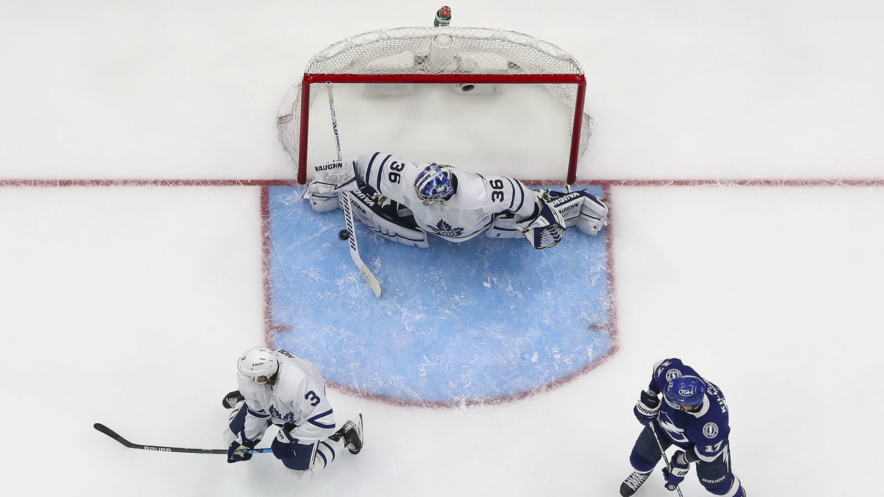 TAMPA, FL - MAY 6: Goalie Jack Campbell #36 of the Toronto Maple Leafs stretches to make a save against the Tampa Bay Lightning during the third period in Game Three of the First Round of the 2022 Stanley Cup Playoffs at Amalie Arena on May 6, 2022 in Tampa, Florida.