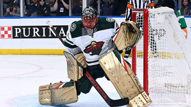ST. LOUIS, MO - May 6: Marc-Andre Fleury #29 of the Minnesota Wild defends the net against the St. Louis Blues in Game Three of the First Round of the 2022 Stanley Cup Playoffs at the Enterprise Center on May 6, 2022 in St. Louis, Missouri.