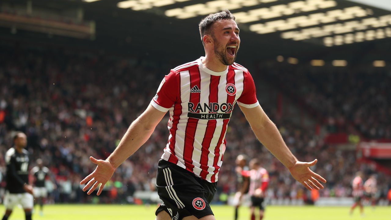 SHEFFIELD, ENGLAND - MAY 07: Enda Stevens of Sheffield United celebrates after scoring a goal to make it 4-0 during the Sky Bet Championship match between Sheffield United and Fulham at Bramall Lane on May 7, 2022 in Sheffield, England.