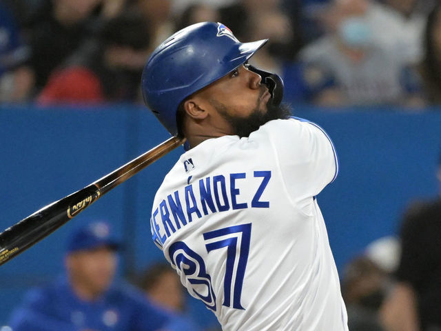 TORONTO, CAN - APRIL 08: Teoscar Hernandez #37 of the Toronto Blue Jays hits a three run home run during the game between the Texas Rangers and the Toronto Blue Jays at Rogers Centre on Friday, April 8, 2022 in Toronto, Canada.