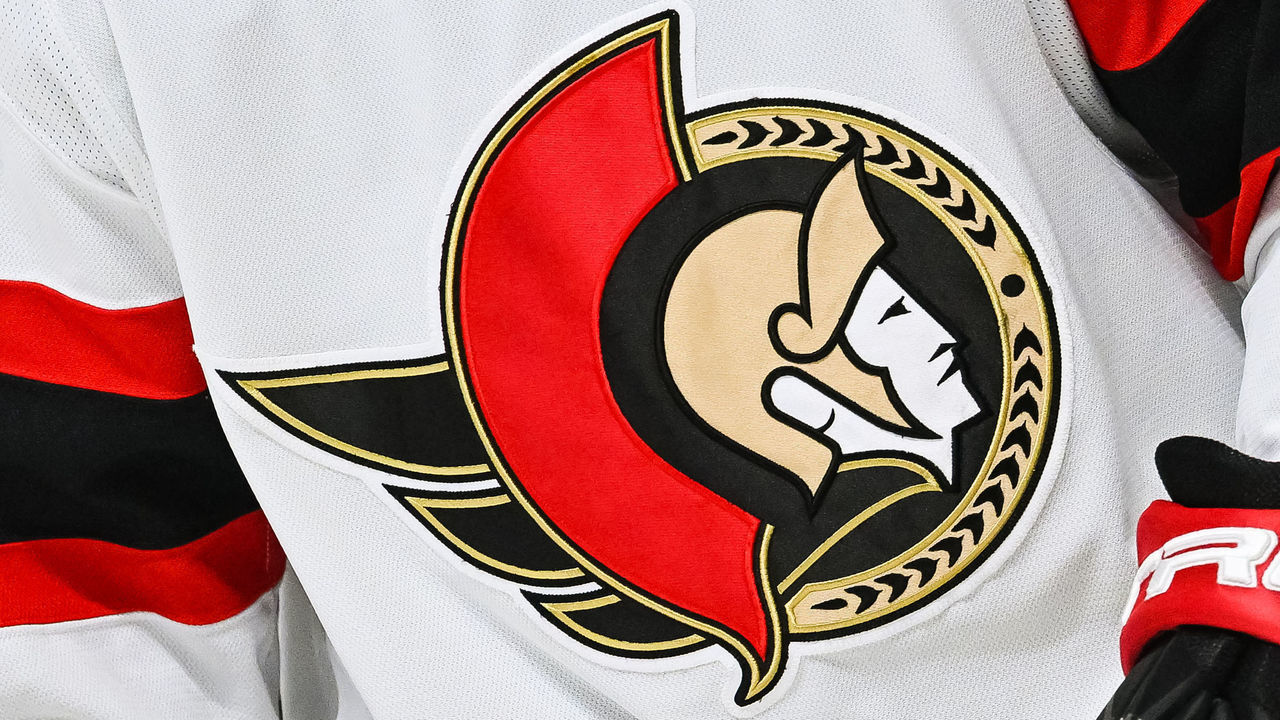 MONTREAL, QC - MARCH 19: View of a Ottawa Senators logo on a jersey worn by a member of the team during the Ottawa Senators versus the Montreal Canadiens game on March 19, 2022 at Bell Centre in Montreal, QC