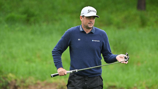 POTOMAC, MD - MAY 07: Keegan Bradley wipes his putter on the 10th green during the third round of the Wells Fargo Championship at TPC Potomac at Avenel Farm on May 7, 2022 in Potomac, Maryland.
