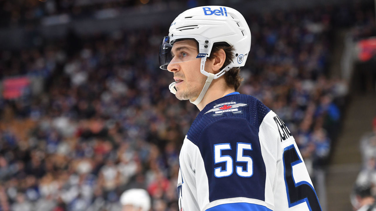 TORONTO, ON - MARCH 31: Winnipeg Jets Center Mark Scheifele (55) looks on before the face off in the first period during the NHL regular season game between the Winnipeg Jets and the Toronto Maple Leafs on March 31, 2022, at Scotiabank Arena in Toronto, ON, Canada.