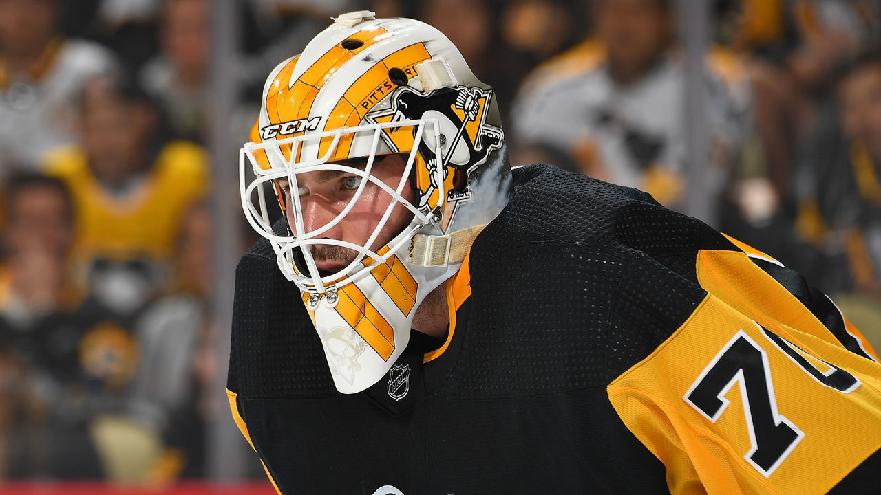PITTSBURGH, PA - MAY 07: Louis Domingue #70 of the Pittsburgh Penguins looks on against the New York Rangers in Game Three of the First Round of the 2022 Stanley Cup Playoffs at PPG PAINTS Arena on May 7, 2022 in Pittsburgh, Pennsylvania.