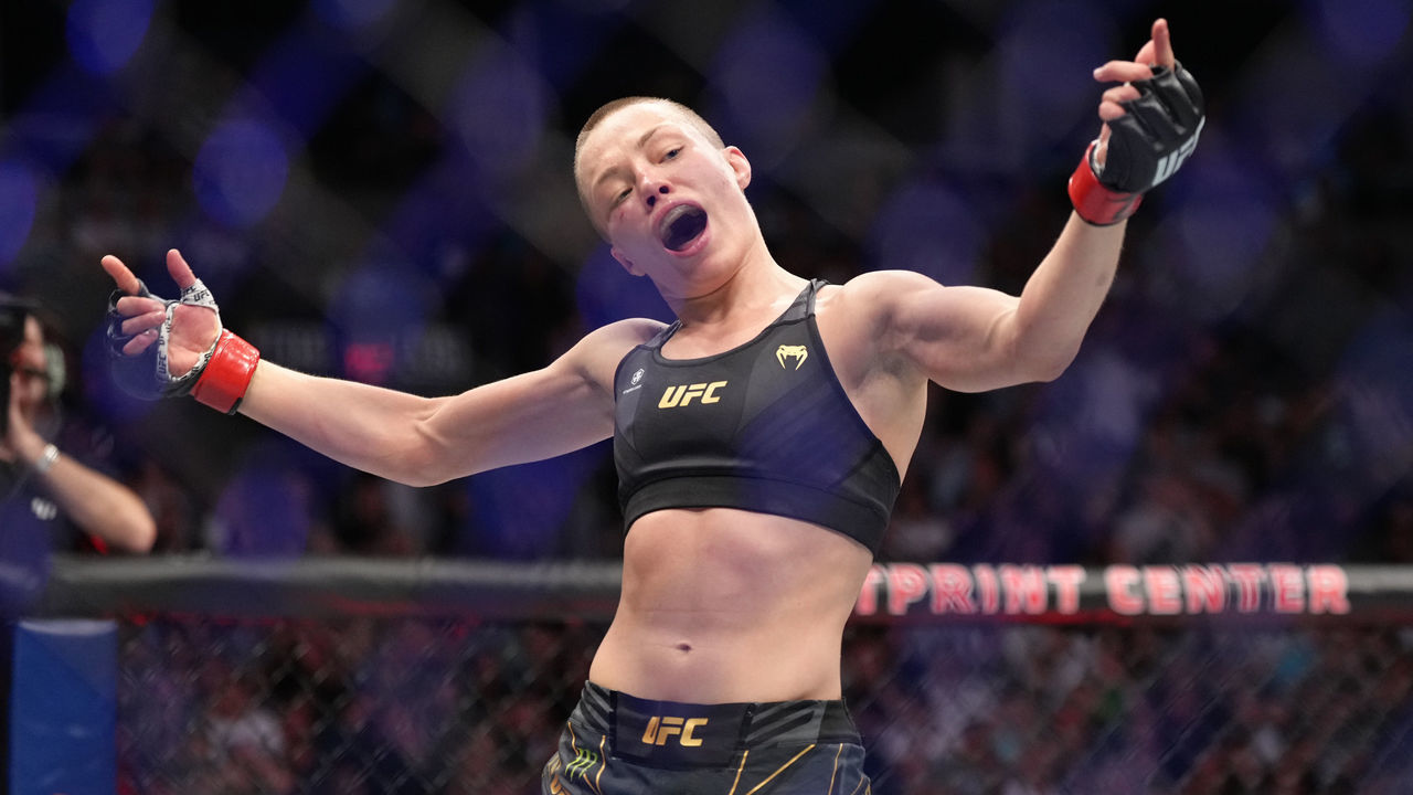 PHOENIX, ARIZONA - MAY 07: Rose Namajunas reacts after the conclusion of her UFC strawweight championship fight against Carla Esparza during the UFC 274 event at Footprint Center on May 07, 2022 in Phoenix, Arizona.