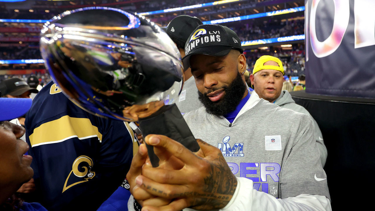 INGLEWOOD, CALIFORNIA - FEBRUARY 13: Odell Beckham Jr. #3 of the Los Angeles Rams celebrates after Super Bowl LVI at SoFi Stadium on February 13, 2022 in Inglewood, California. The Los Angeles Rams defeated the Cincinnati Bengals 23-20.