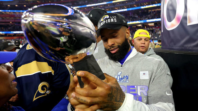 INGLEWOOD, CALIFORNIA - FEBRUARY 13: Odell Beckham Jr. #3 of the Los Angeles Rams celebrates after Super Bowl LVI at SoFi Stadium on February 13, 2022 in Inglewood, California. The Los Angeles Rams defeated the Cincinnati Bengals 23-20.